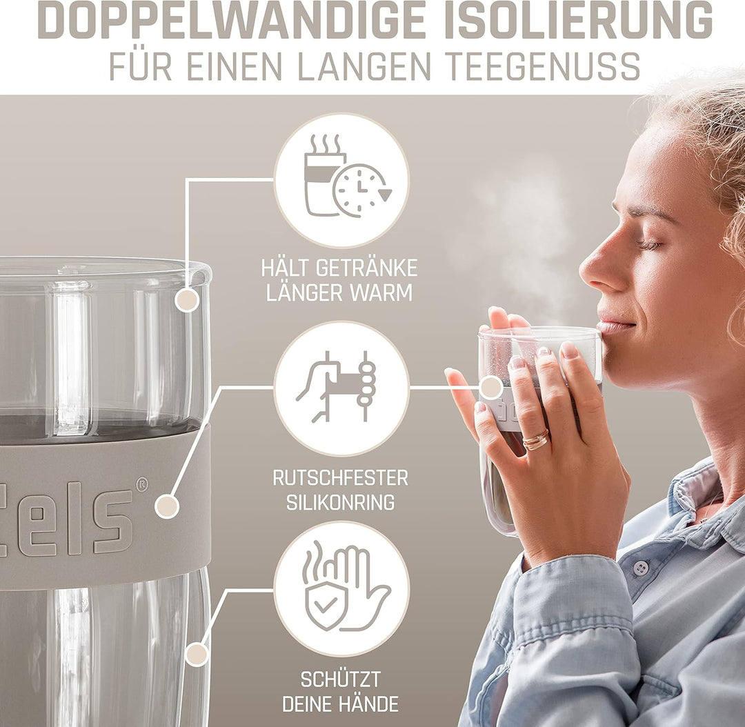 Glasbecher 380ml – Teebecher mit Sieb, Doppelwandig, Teetasse mit Edelstahl-Sieb, Keramik-Deckel, sp