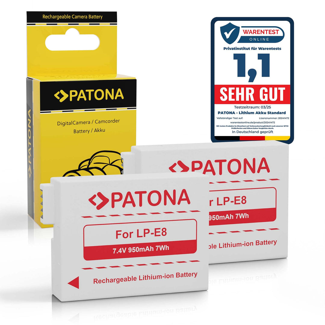 PATONA 2X Akku Ersatz für Canon LP-E8 LP-E8 Battery Pack 950mAh 7.4V 7Wh | Ersatzakku für EOS 550D 6