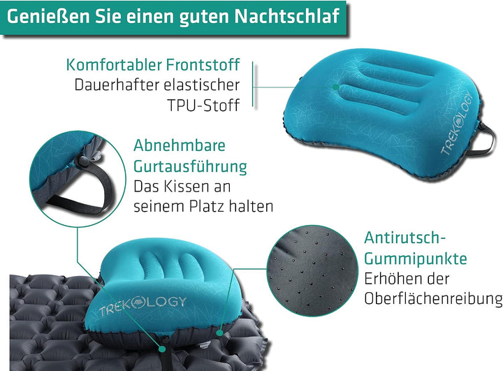 TREKOLOGY Camping Kissen Ultraleicht – Aufblasbares Nackenkissen für Camping, Trekking, Wandern, Str