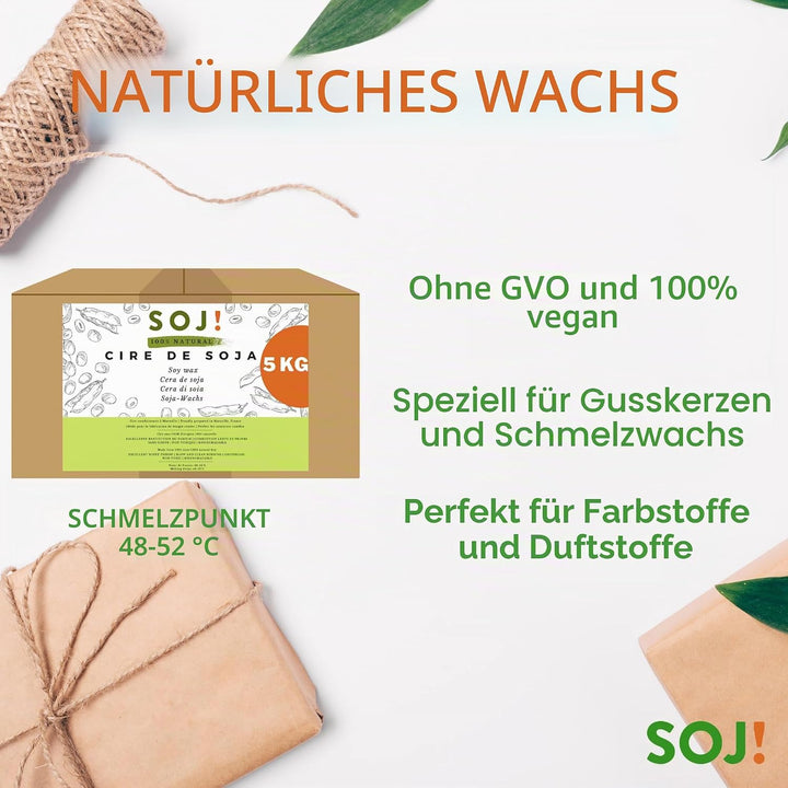 Soj - Sojawachs 5 kg für Kerzen ohne Gentechnik, 100 % natürlich, E-Book + 50 Dochte gratis dazu! He