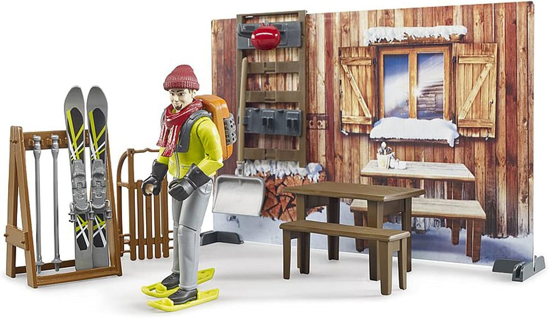 bruder 63102 - Bworld Berghütte mit Snowmobil & Figur - 1:16 Schneemobil Skifahrer Winter Spielzeug