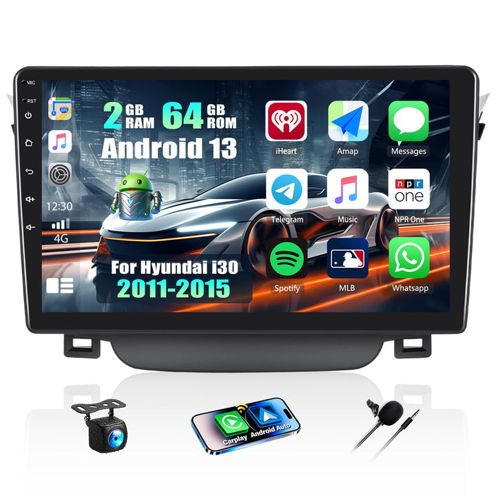 CAMECHO 2+64G 9 Zoll Navi Autoradio für Hyundai i30 2011-2015 Android 13 GPS Bluetooth Radio mit Wir