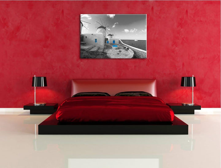 süsse Windmühlen im Mittelmeer schwarz/weiss Format: 100x70 auf Leinwand, XXL riesige Bilder fertig