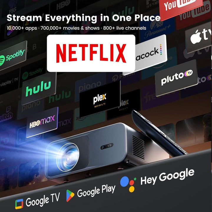 4K Beamer mit Google TV & Netflix/Disney+, Dolby Audio, 1000 ANSI Smart Beamer 4K Autofokus Trapezko