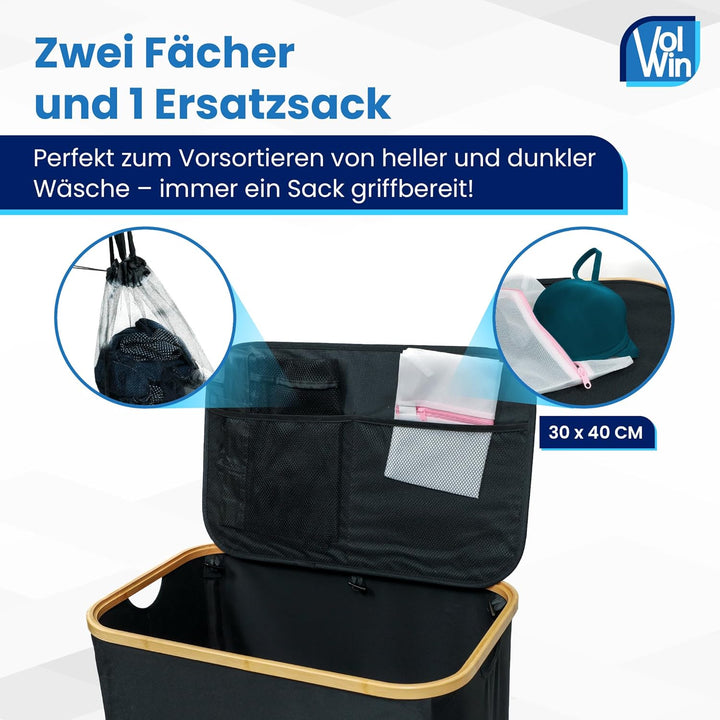 Wäschekorb schwarz 140L – Faltbar & mit Deckel – 2 Fächer + 3 Wäschesäcke & 2 Waschnetze – Aus Oxfor