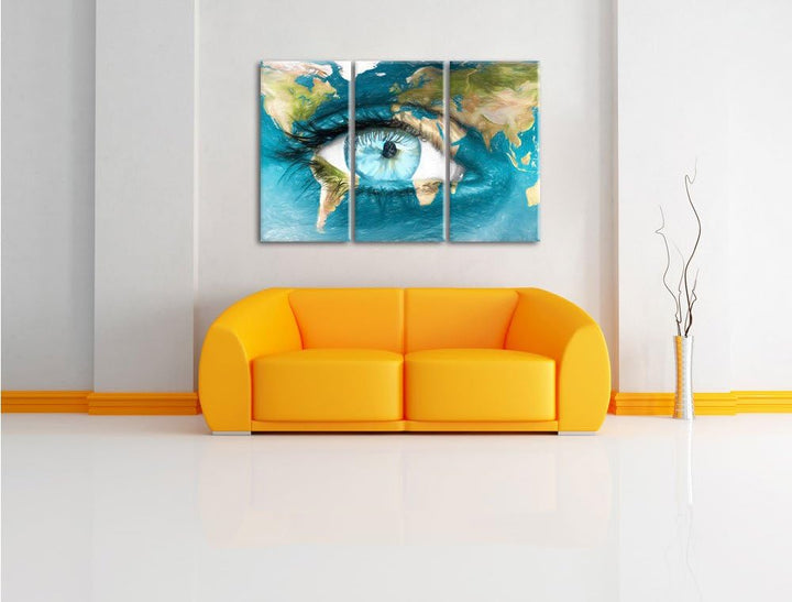 Pixxprint Die Erde gezeichnet auf EIN Gesicht Bunstift Effekt 3-Teiler Leinwandbild 120x80 Bild auf