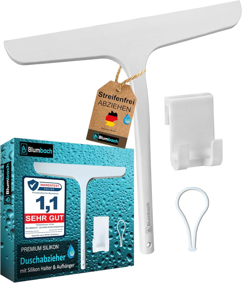 Abzieher Dusche mit Halterung, BLUMBACH® Duschabzieher weiss 28 cm breit Dusch Abzieher Wischer Sili