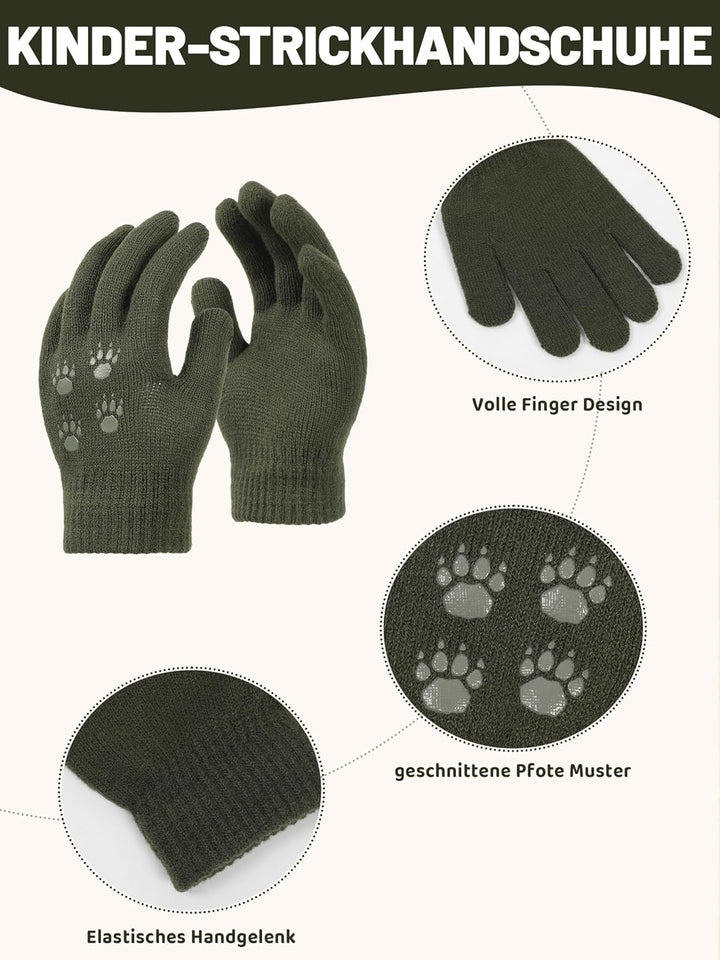 NATUST Mütze Schal Handschuh-Sets für Jungen Dinosaurier Wintermütze mit Bommel Warmer Strickschal H