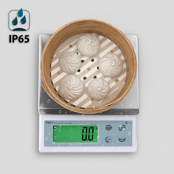 Polit Sun Lite IP65 wasserdichte Küchenwaage – 3kg/6,6lb, präzise 0,1g. Abnehmbares Edelstahl-Tablet