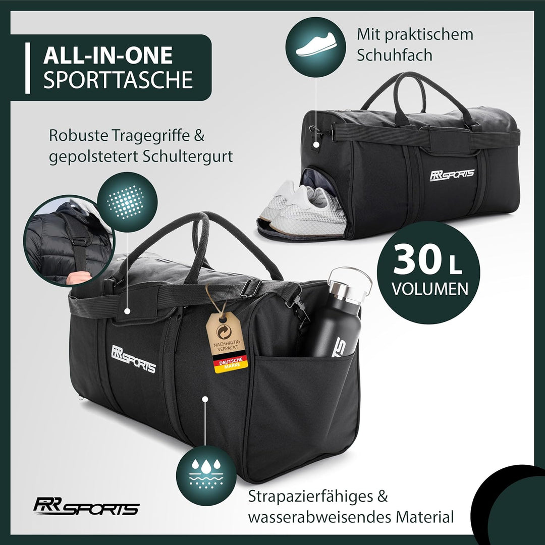 Sporttasche mit Schuhfach schwarz (30 Liter) Damen, Herren & Kinder - Sport Trainingstasche Fitness,