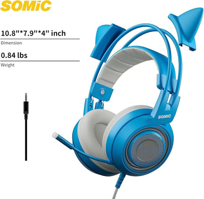 Somic G951S Blau Gaming-Headset mit Mikrofon, Mädchen Frauen Blau Katze Ohr-Kopfhörer mit 3,5-mm-Kab