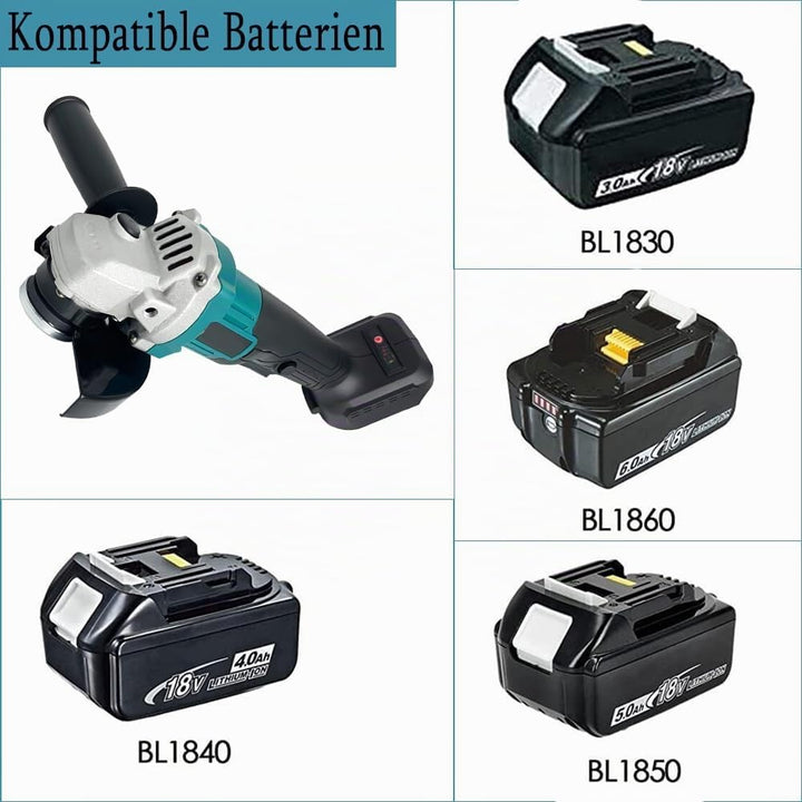 Akku-Winkelschleifer 125 mm, Ersatz für Makita 18V BL1830, Anti-Vibrations-Griff, Brushless, 11000U/