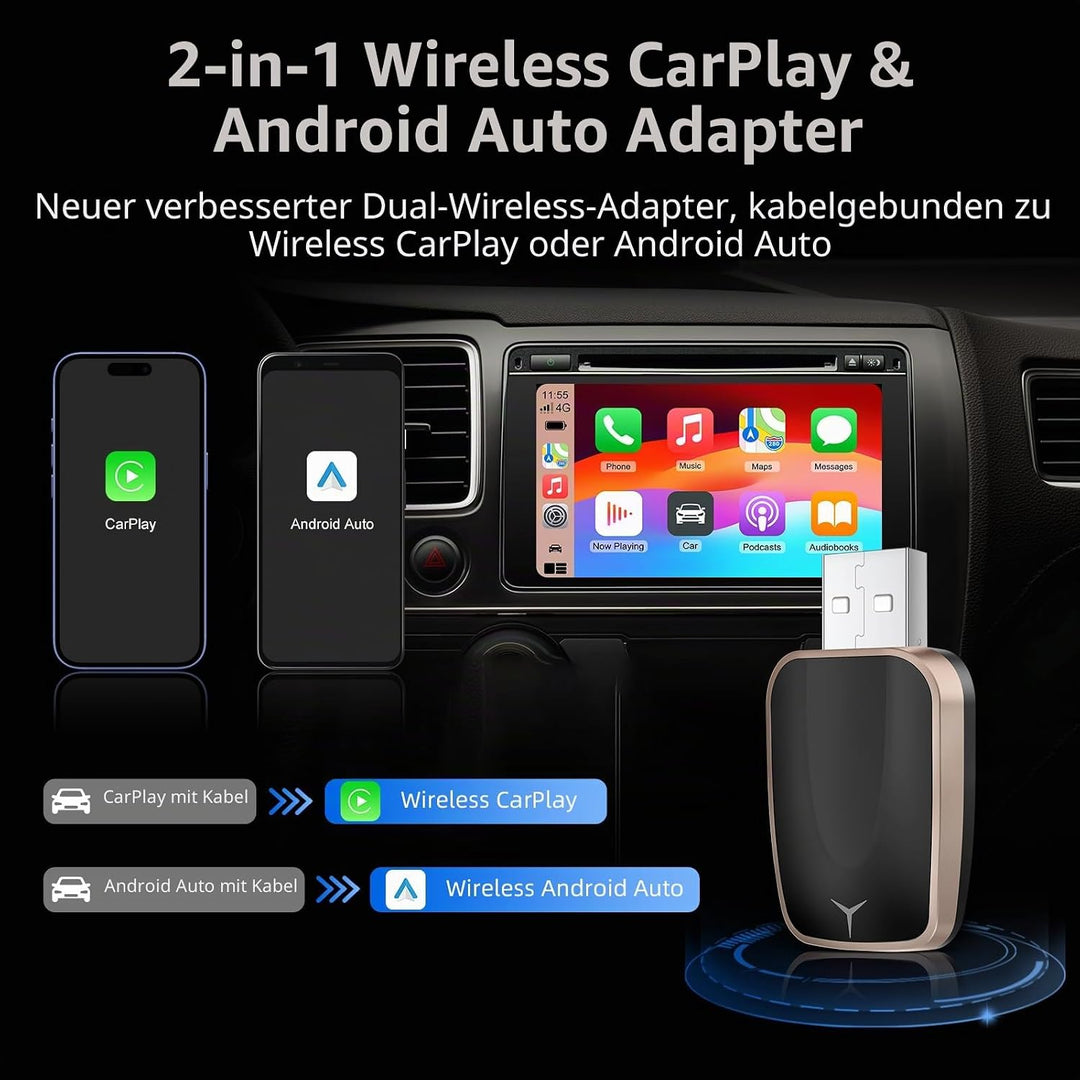 Kabelloser CarPlay und Android Auto Adapter für Autos mit Wired CarPlay, USB C/A Plug and Play CarPl