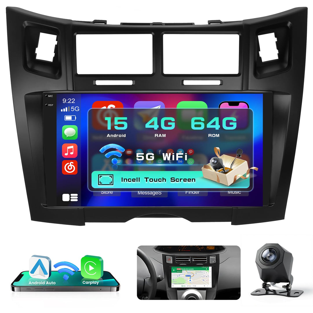 Hikity Android 15 4+64G Autoradio für Toyota Yaris/Vitz 2005-2011 mit 9 Zoll Incell Touchscreen, Aut