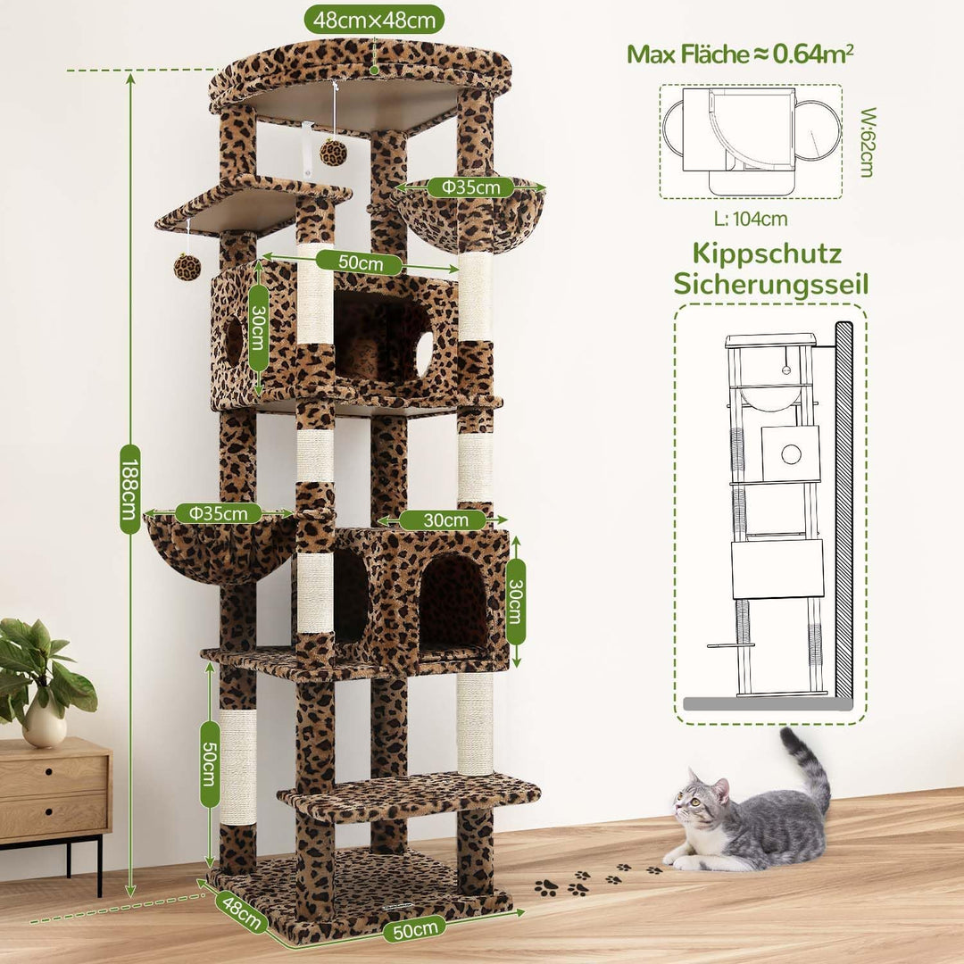 Globlazer Kratzbaum Grosse Leoparden 188 cm mit 2 Grosser Katzenhaus 50 * 30 * 30CM, Extragross Gepo