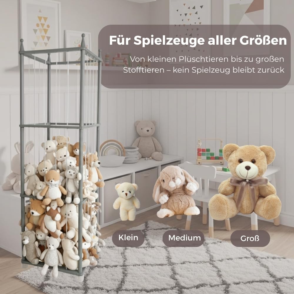 Holz-Stofftier-Aufbewahrungsständer mit Rädern, Hoher Spielzeugorganizer für Kinderzimmer, mit wasse