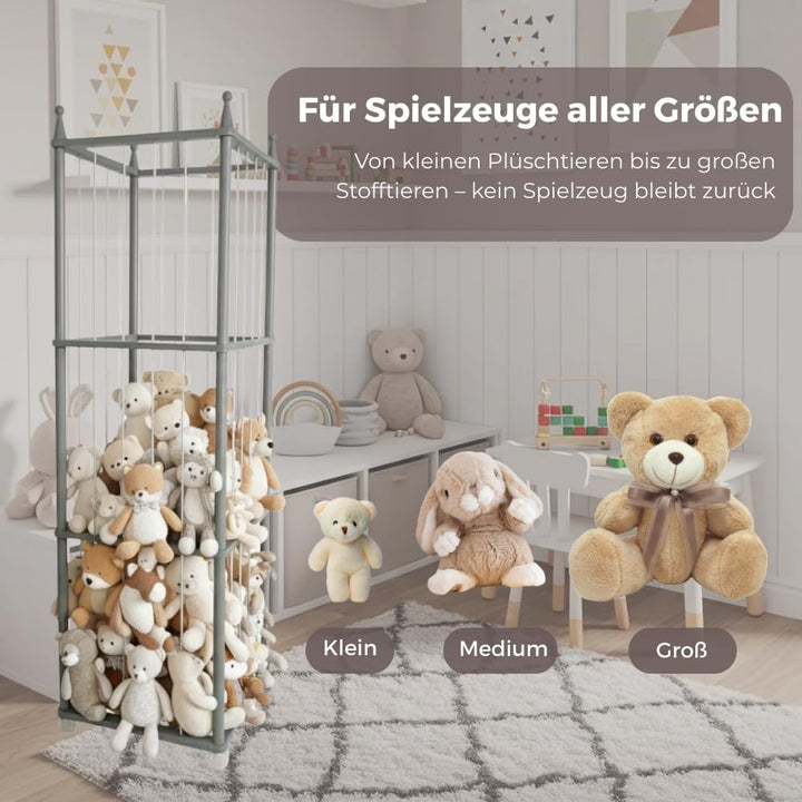 Holz-Stofftier-Aufbewahrungsständer mit Rädern, Hoher Spielzeugorganizer für Kinderzimmer, mit wasse