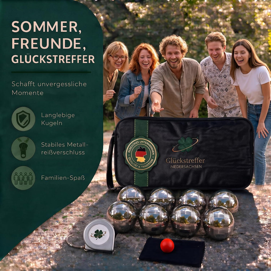 Glückstreffer Boule Set - 8 Boccia Kugeln mit Premium Boule Zubehör - Petanque Spiel für Garten, Str