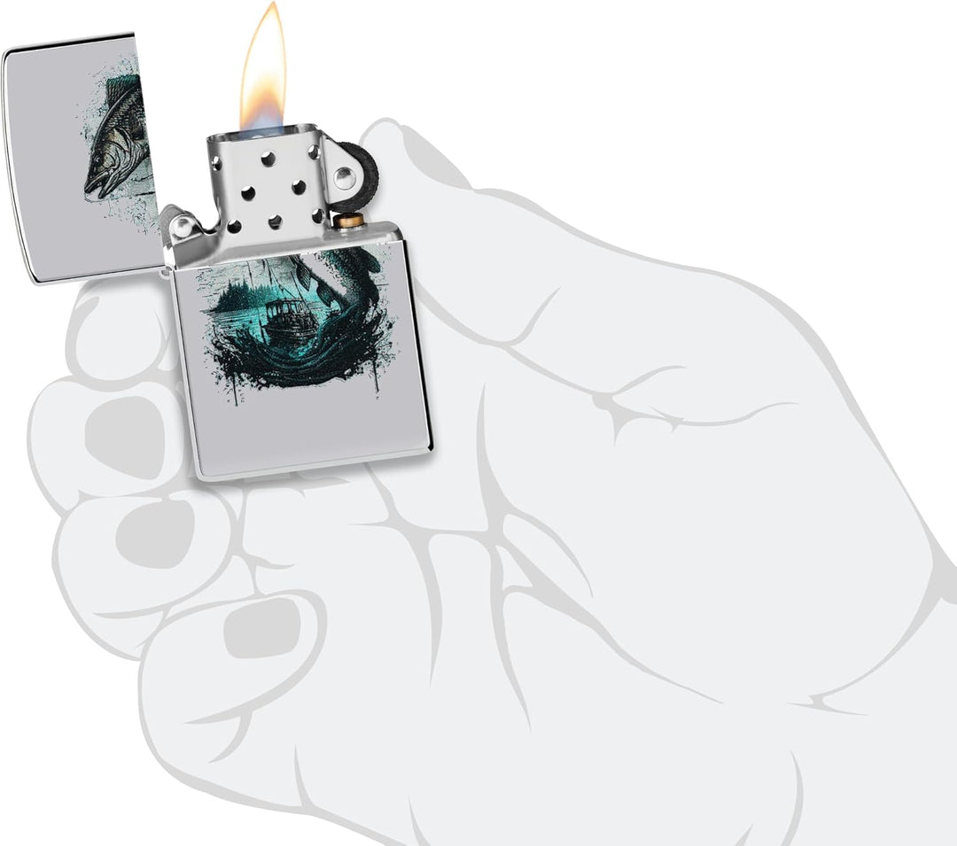 Zippo Sturmfeuerzeug - Fish and Boat, High Polish Chrome, Color Image - Nachfüllbar - Wiederverwendb
