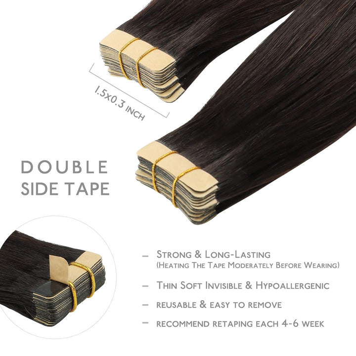 WENNALIFE Tape Extensions Echthaar, 20pcs 40g 30cm 12 Zoll Dunkel Braun Remy Invisible Tape Extensio