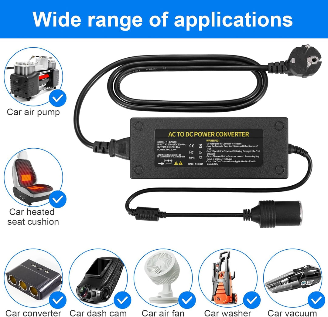 JIZZU 120W 10A KFZ Netzadapter Spannungswandler 230V auf 12V Adapter für Kühlbox, Haushalt Stromrich