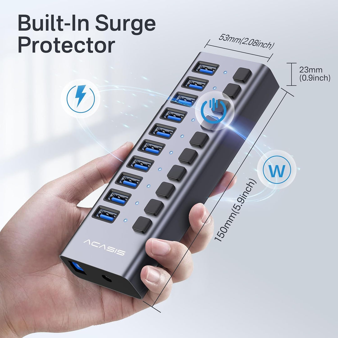 ACASIS Powered USB Hub,10 Ports USB 3.1 Hub mit 10Gbps Data Speed, Individuellen On/Off Schalter, 12