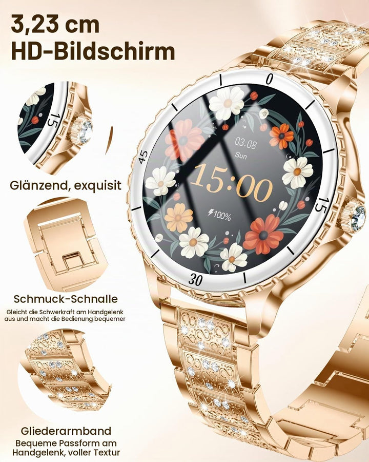 Smartwatch Damen mit Telefonfunktion, 1.27" Smart Watch Rund mit Diamantband für Android iOS, IP68 W