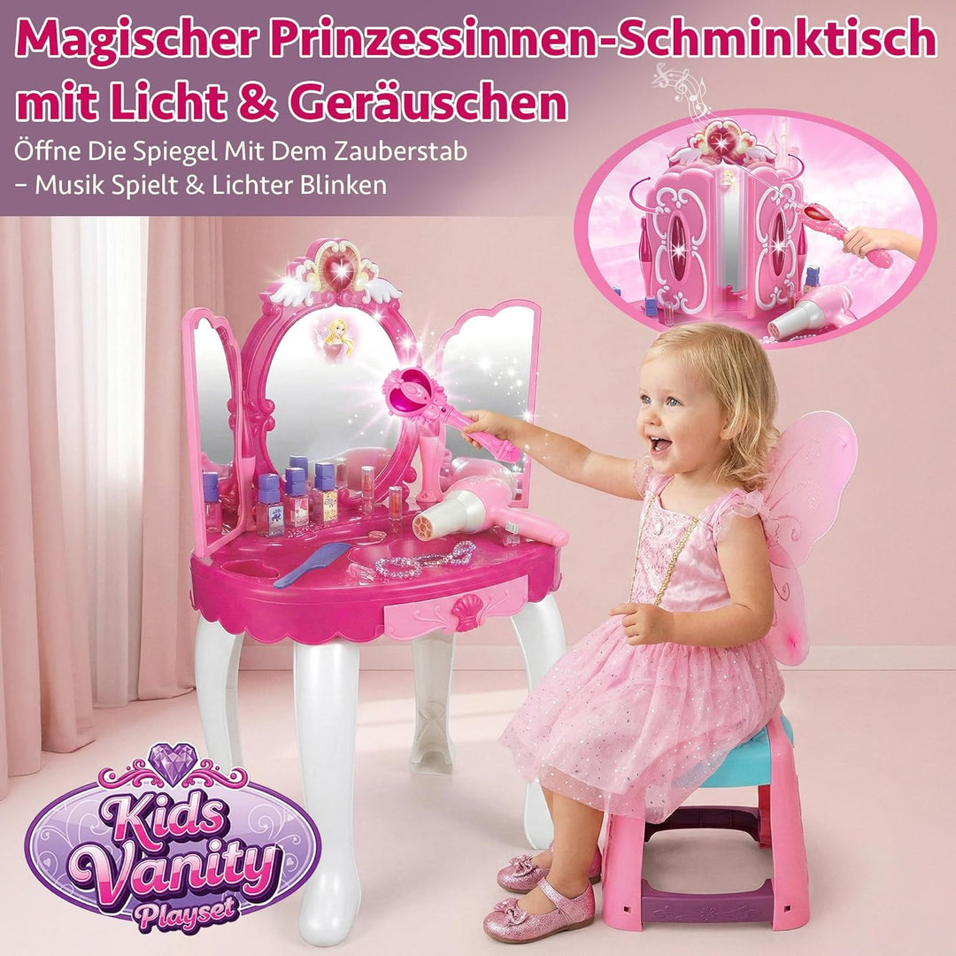 Kinderplay Rosa Schminktisch Kinder mit Zauberstäbchen - Haartrockner funktioniert wie EIN echter |