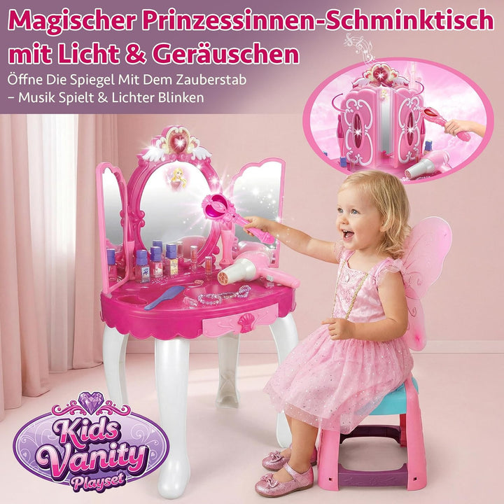 Kinderplay Rosa Schminktisch Kinder mit Zauberstäbchen - Haartrockner funktioniert wie EIN echter |