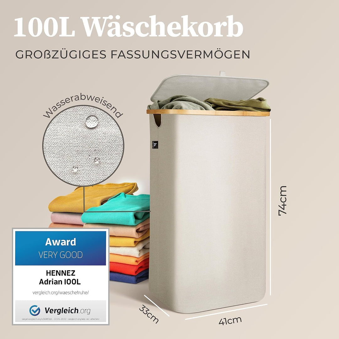 HENNEZ 100L Wäschekorb mit Deckel Beige - herausnehmbaren Wäschesack Wäschesammler schmal mit Deckel