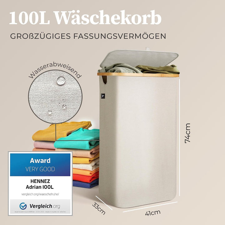 HENNEZ 100L Wäschekorb mit Deckel Beige - herausnehmbaren Wäschesack Wäschesammler schmal mit Deckel
