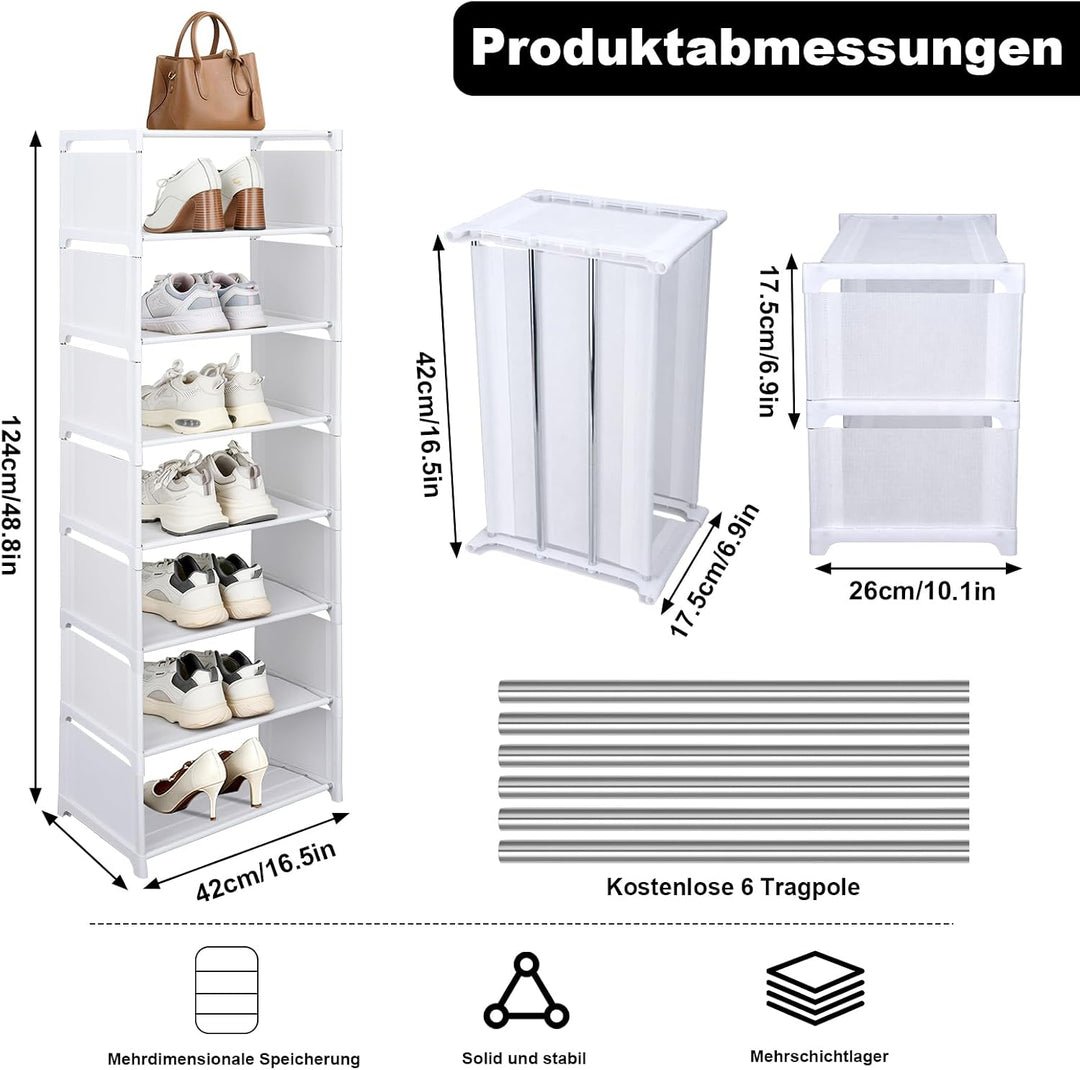 8 Ebenen Schuhregal Schmal Weiss, Platzsparendes DIY Regalsystem für Kleiderschrank & Büro, Hoch Sch