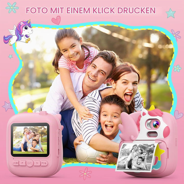 CAMCLID Kinderkamera Sofortbildkamera, 2,4 Zoll Sofortbildkamera Kinder mit 32G TF Karte und Fotopap