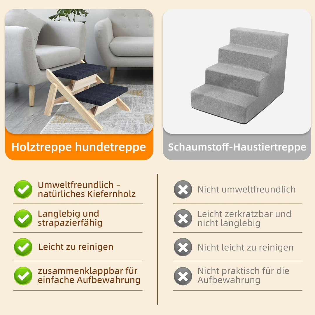 Haustierstufen, 2-in-1 Faltbare Hundetreppe aus Holz für Betten, Sofas und Autos, Hundetreppe und Ra