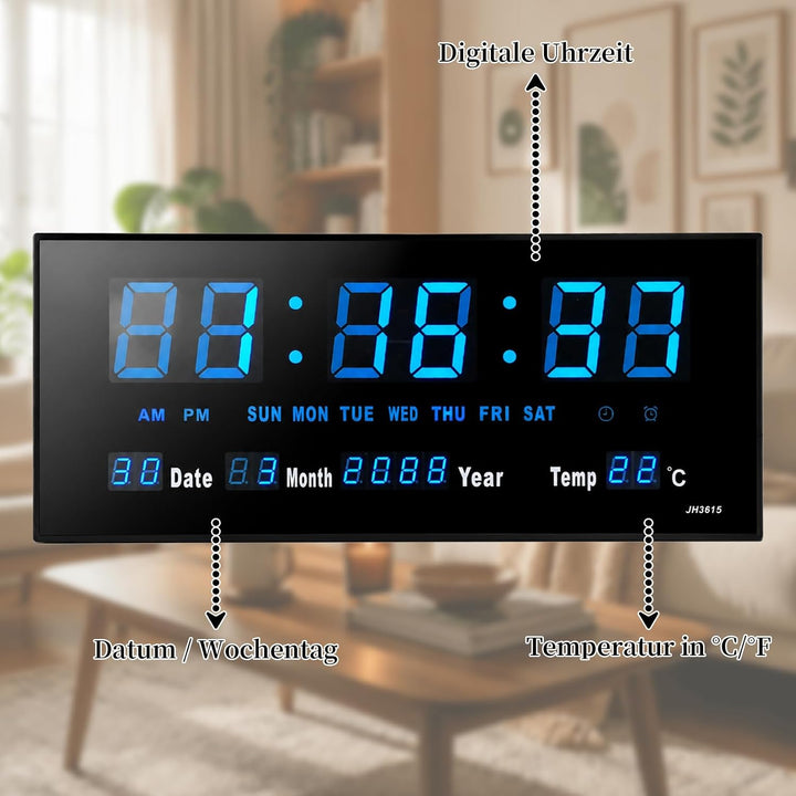 Starlet24 LED Wanduhr mit Timer Wecker Schlummer Kalender Temperatur grosse LED-Anzeige 36x15cm (JH3
