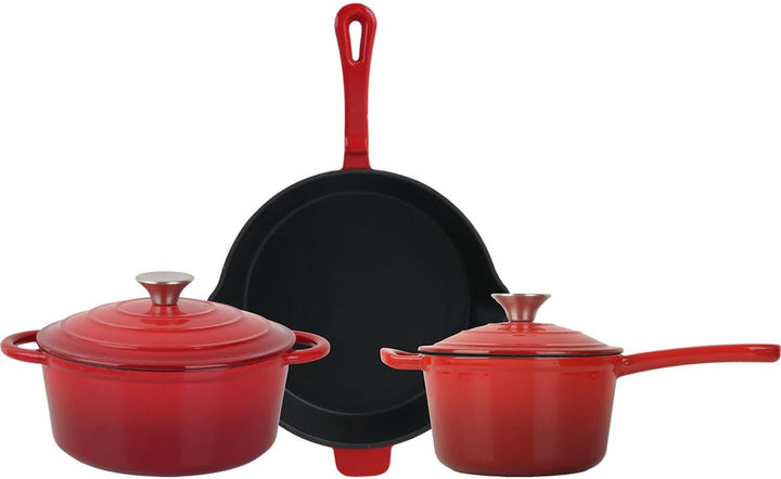 Profi Gusseisen Topfset 3-teilig, Set aus Pfanne, Kochtopf und Stielkasserolle, Emailliertes Kochges