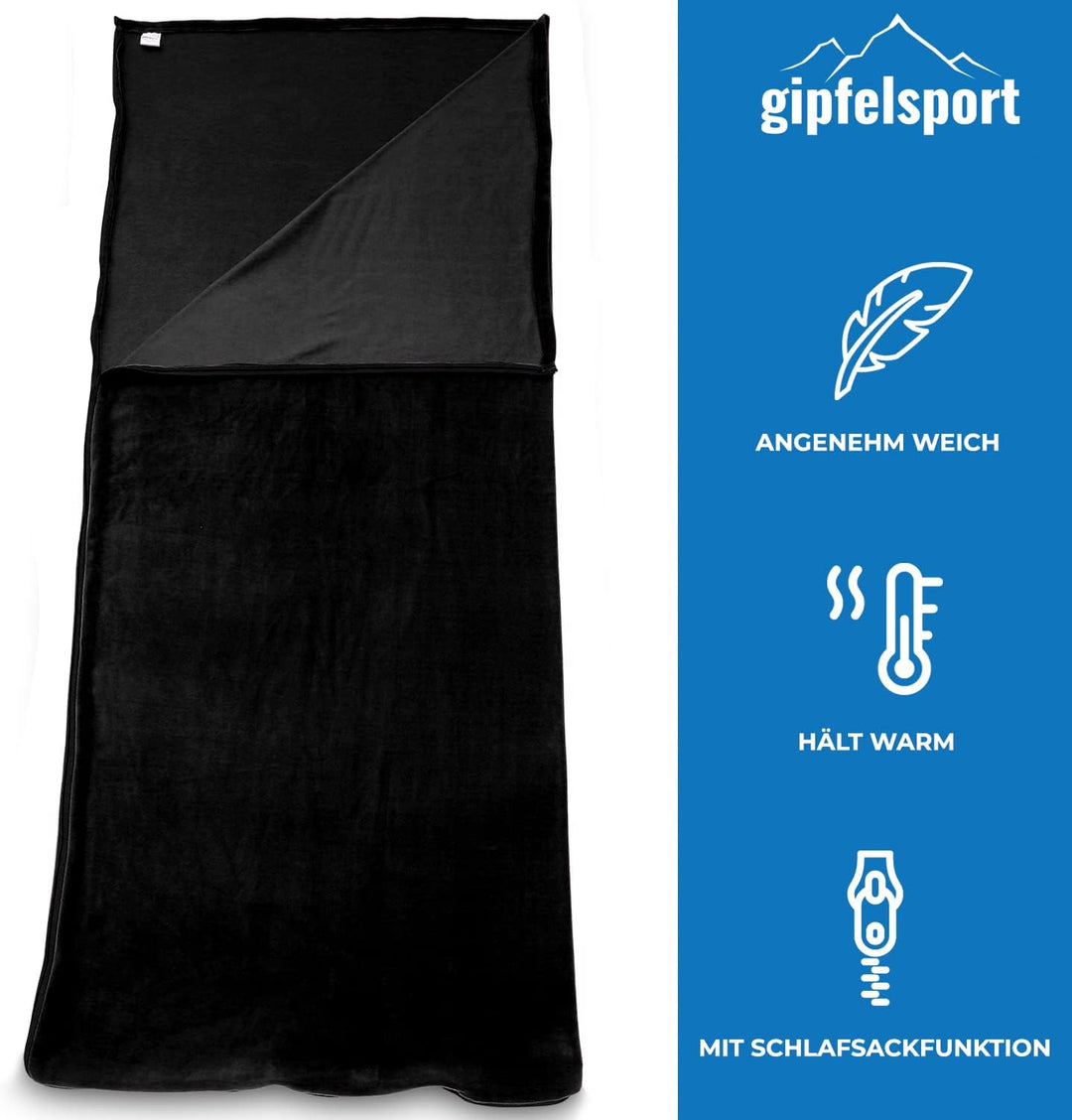 gipfelsport Mikrofaser Fleece Decke mit Schlafsackfunktion I Grösse 185 x 150cm, ca. 690 g I Microfa