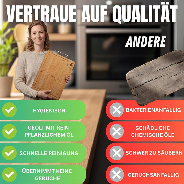 Doppelseitiges Schneidebrett Edelstahl &amp; Bambus | Küchenbrett mit Saftrille &amp; Metallgriff | Holzbret