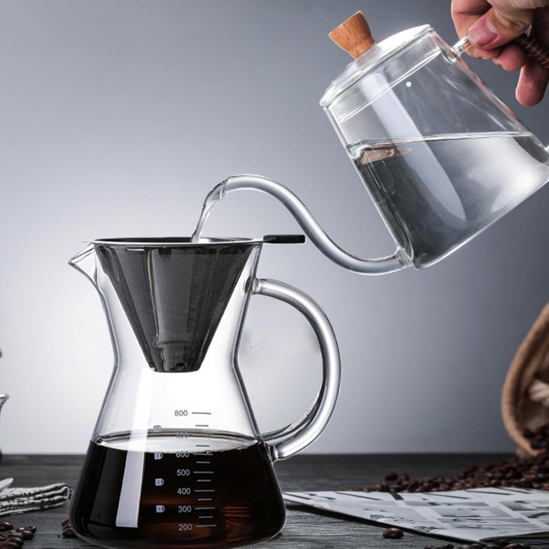 Pour Over Kaffeebereiter, 800 ml Borosilikat Glaskanne mit doppelschichtigem Edelstahlfilter, Kaffee