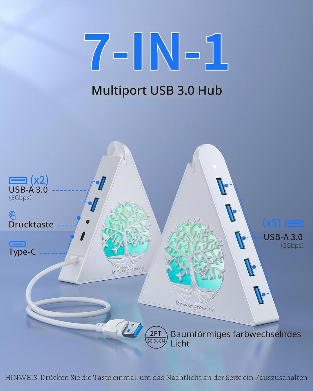 7-Port USB 3.0 Hub, Weiss Vertikaler USB Hub Splitter mit baumförmiger RGB-Beleuchtung, 5Gbps Hochge