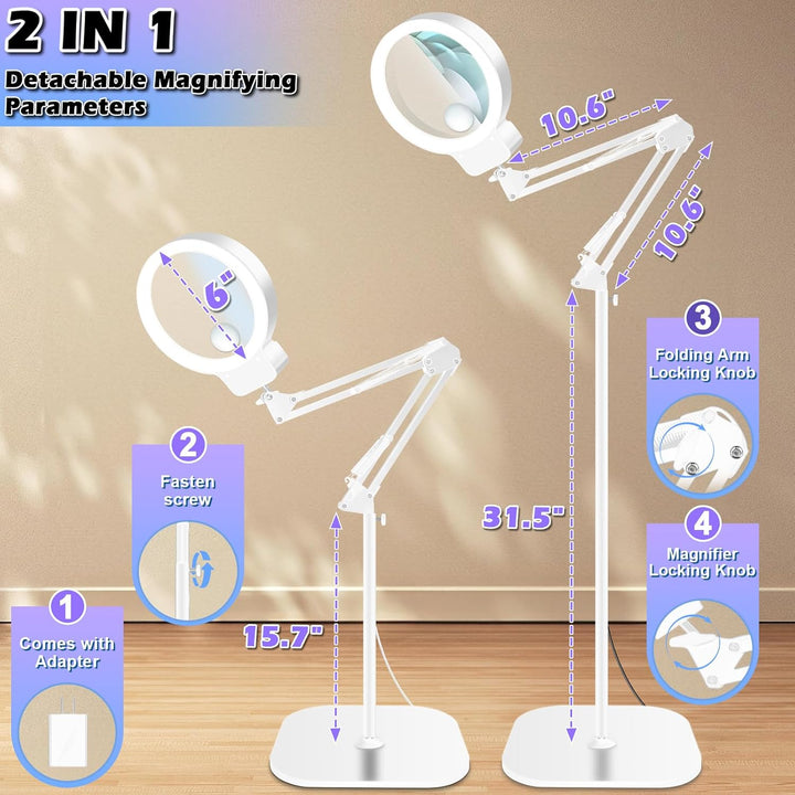 NZQXJXZ 10X Lupe mit Licht und Ständer, 2-in-1 Lupenlampe mit 72 Einstellbaren Helligkeits-LEDs, 3 F