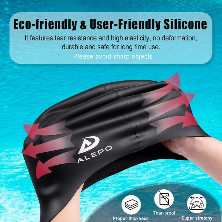 Alepo Extra Large Badekappe Damen Herren, Schwimmkappe Lange Haare Langlebige Silikon mit Ohrschutz,