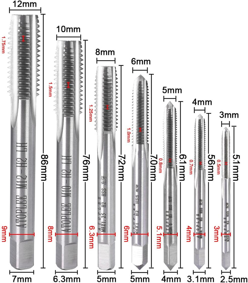 ATOPLEE 7 Stück HSS 6542 Metrischer Linksgewinde Gewindebohrer Satz, M3 M4 M5 M6 M8 M10 M12 M3-M12,7