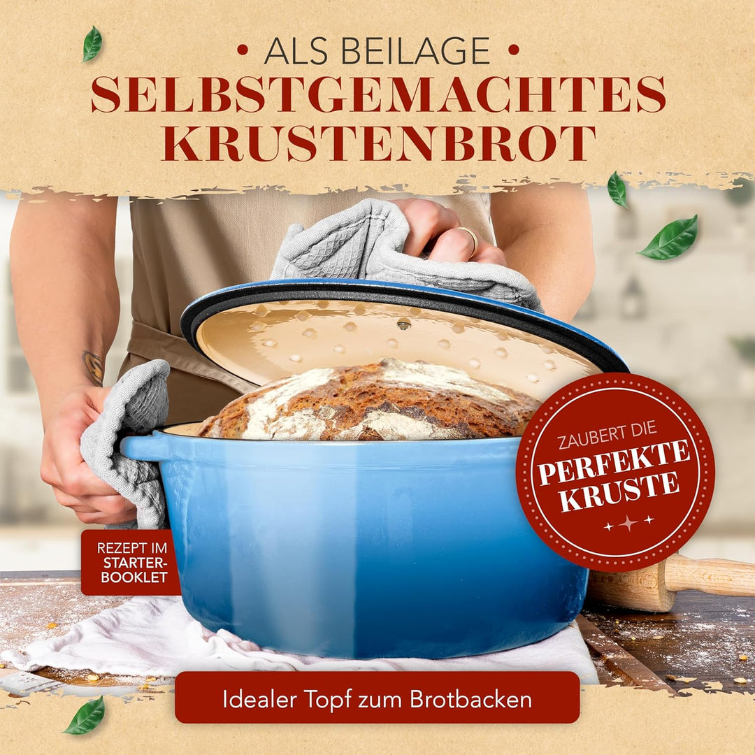 KRUSTENZAUBER Gusseisen Topf [inkl. Fleischgabel] - Hochwertiger 26cm Schmortopf backofengeeignet -