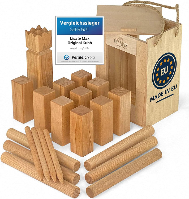 Wikinger Kubb Spiel Test SEHR GUT aus robustem Premium FSC Buchen Holz - Schweden Schach Made in EU