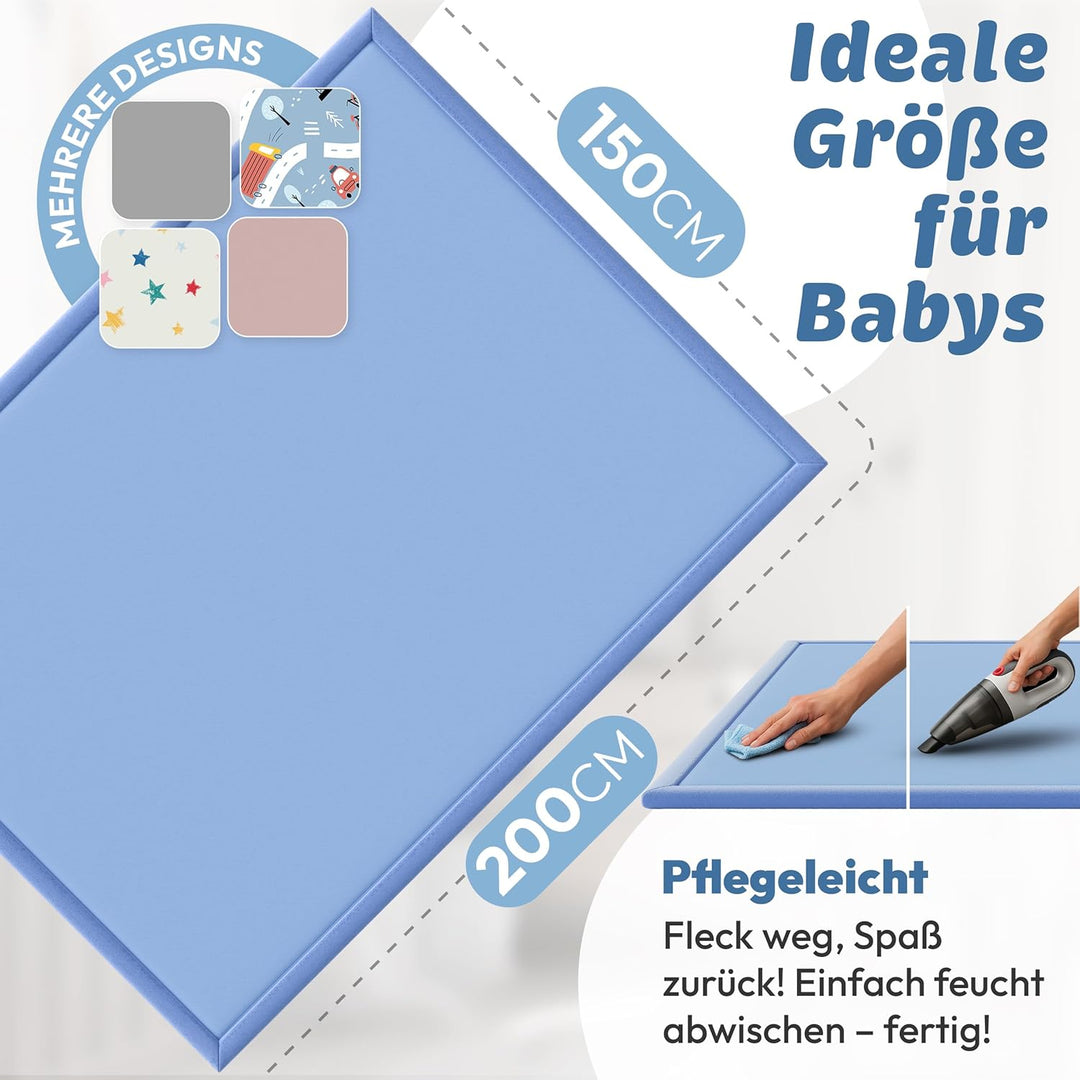 Seidenweiche Krabbelmatte Baby 200x150x3cm blau Extra Dicke(3cm) Spielmatte Kinder mit Premium Memor