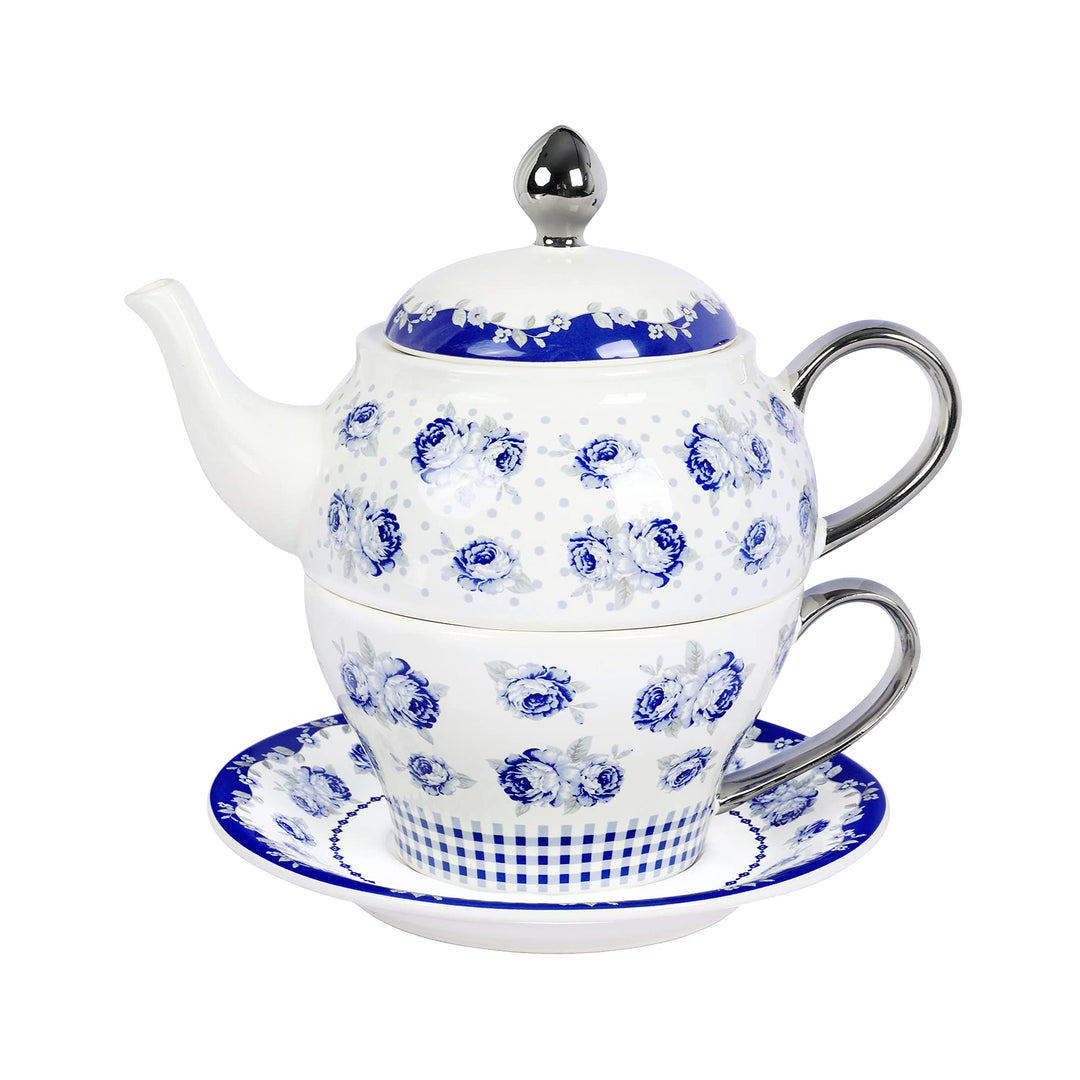 fanquare Vintage Blaue Blumen Tea for One Set, Tupfen Porzellan Kaffeetassen Set mit Teekanne, Tasse