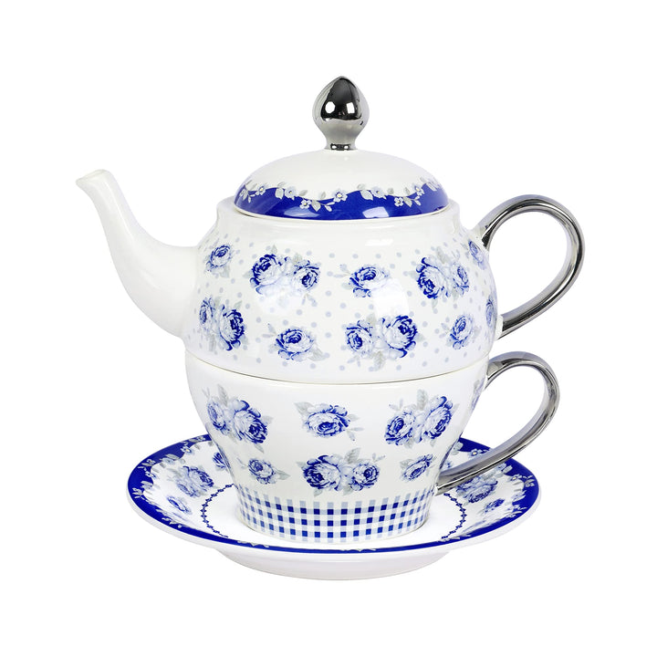fanquare Vintage Blaue Blumen Tea for One Set, Tupfen Porzellan Kaffeetassen Set mit Teekanne, Tasse