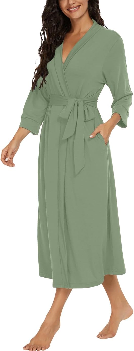 PrinStory Damen Bademantel Leichter 3/4 Ärmeln Morgenmantel V-Ausschnitt Kimono Roben Langes Nachtwä