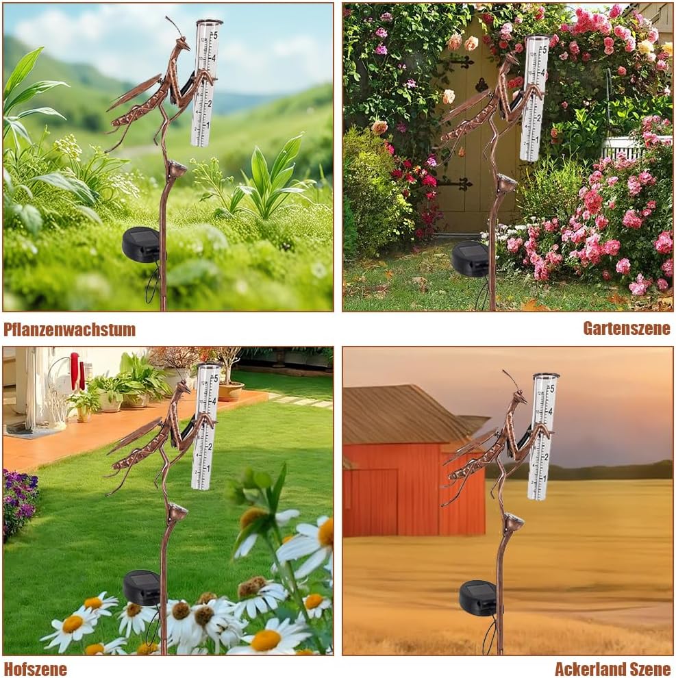 Regenmesser für Garten, Solar Regenmesser für Garten mit Erdspiess und LED, Metall Gottesanbeterin f
